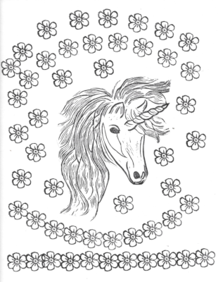 A black and white coloring page with a unicorn head in the center and flowers above and below. 